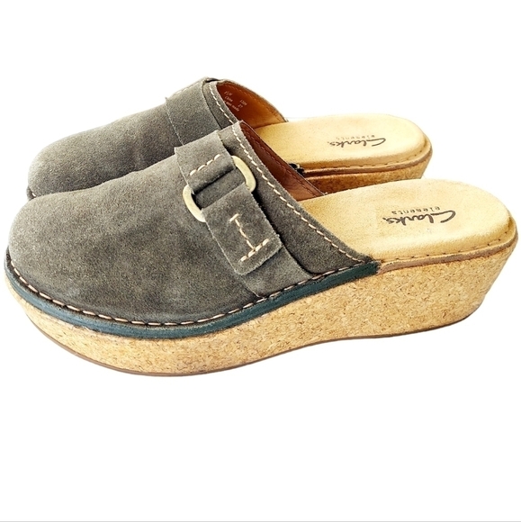 Clarks Suede Leather Platform Slip On Cork Clog Mule Shoes Olive Green 8.5 NEW - Picture 1 of 13